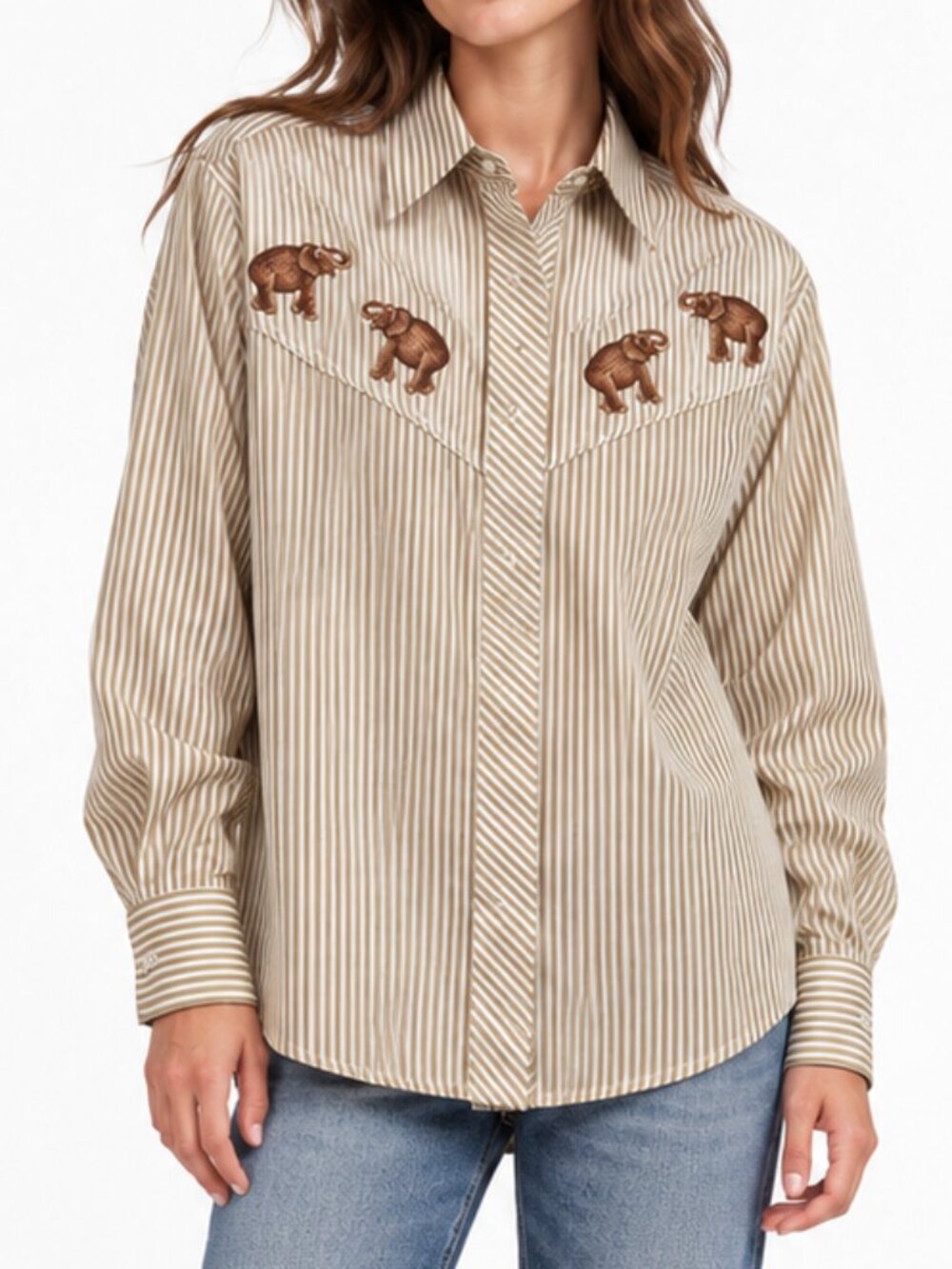 Vintage Afina Elephant Embroidered Pinstripe Western Shirt M